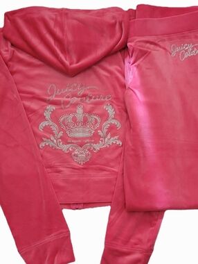 Juicy Couture Velour Pink Party Crown Rhinestone Logo Hoodie & Pants Set - L